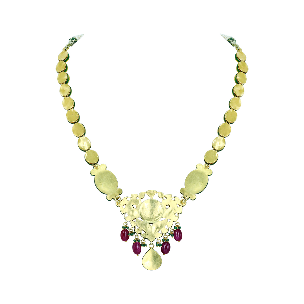 Enamel Necklace with Green-Red Accents, Pearls, and Gemstones